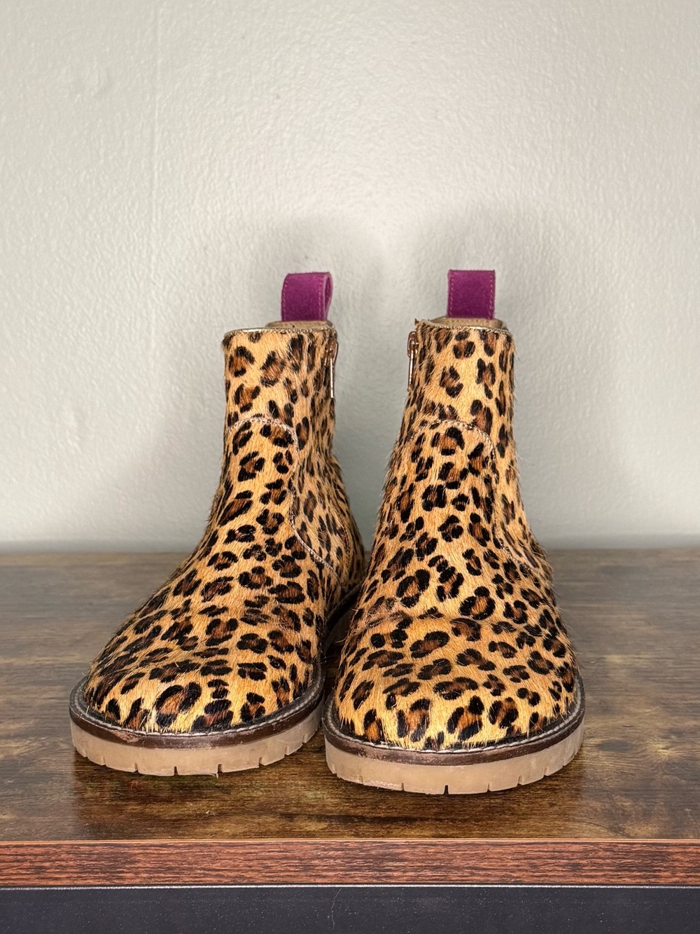Sassy and Bold Boden Leopard Print Chelsea Boots with Purple Pull Tabs